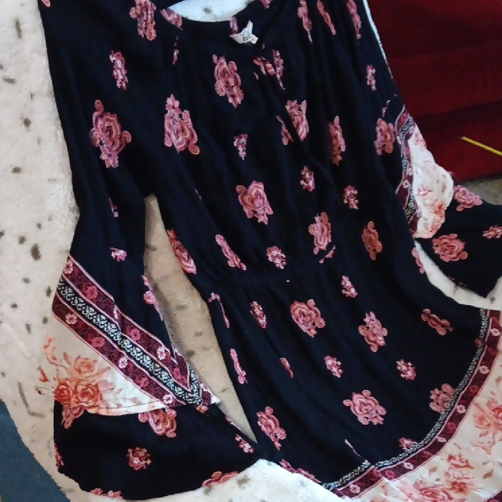 Bohemian Blush Black and Pink Ruffled Bell Sleeve Tunic
